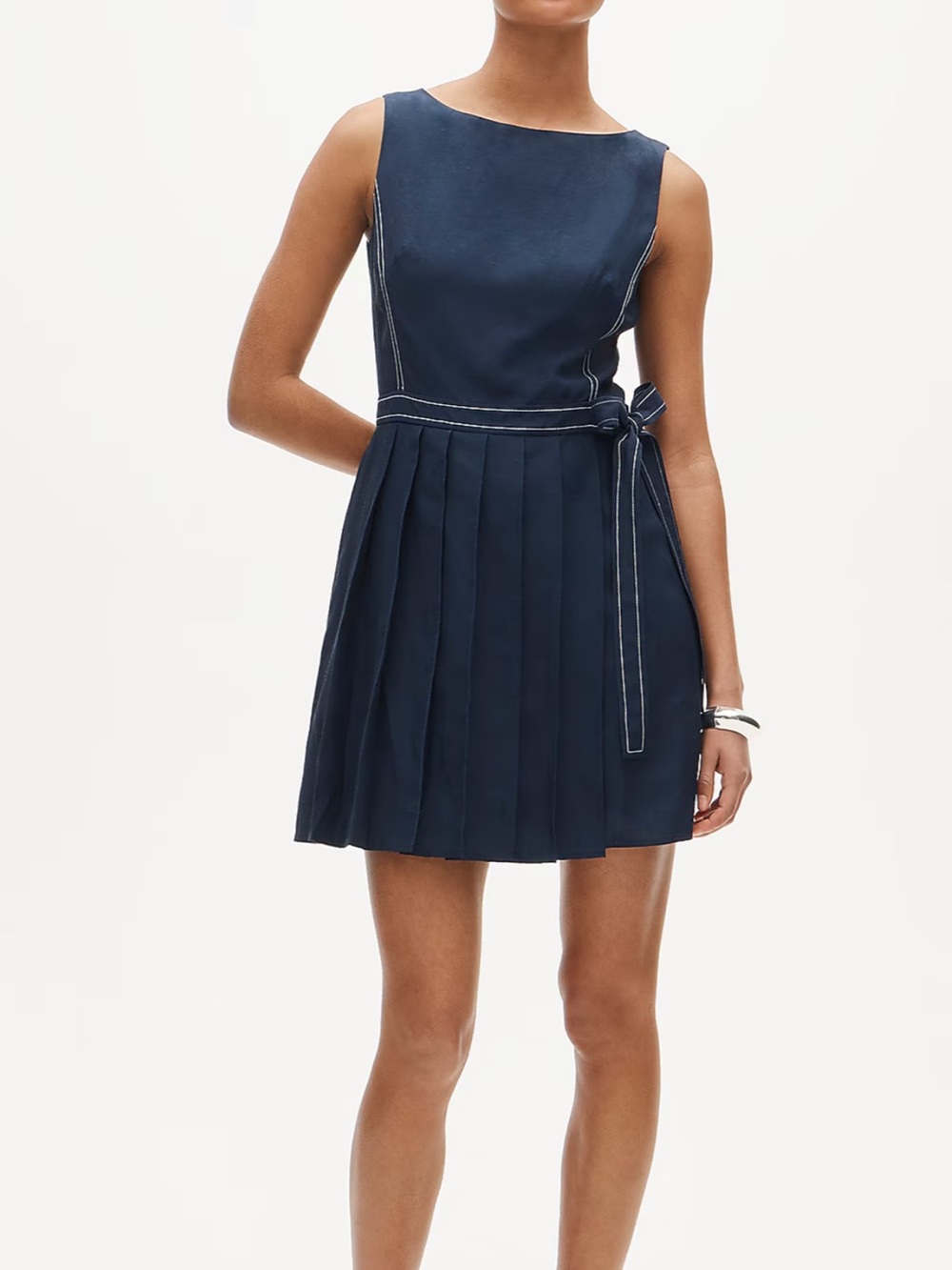 J Crew Pleated Contrast-stitch Side-tie Mini Dress in Linen Blend Navy